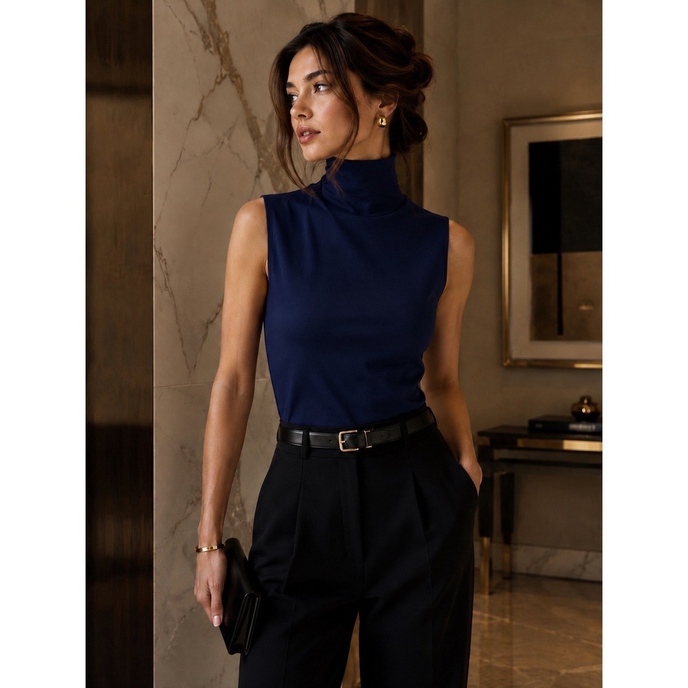 Norma Kamali Sleeveless Mock Neck Top XXS Navy Stretch Minimalist Quiet Luxury